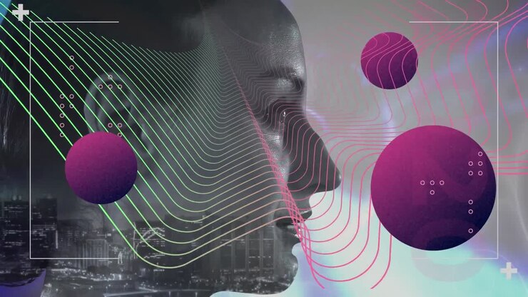 Colorful abstract shapes over side view of a woman against digital waves in background