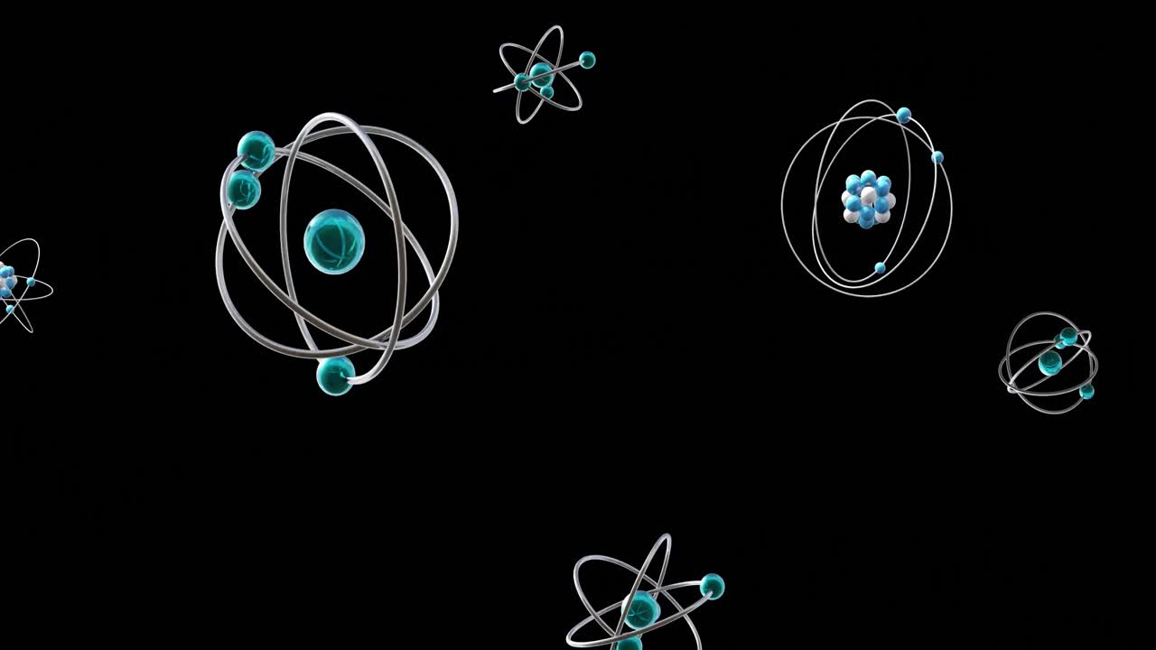 검은 바탕에 회전하는 원자 모델의 애니메이션