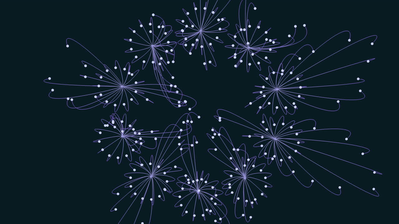 An abstract depiction of a circular pattern using lines and dots in varying shades of purple. The lines form a circle while dots are scattered within it, creating a visually intriguing composition