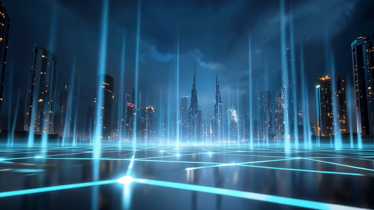A Spectacular Futuristic Cityscape Illuminated by Neon Lights, Set Against a Dramatic Sky, Capturing the Essence of Advanced Technology and Urban Wonder