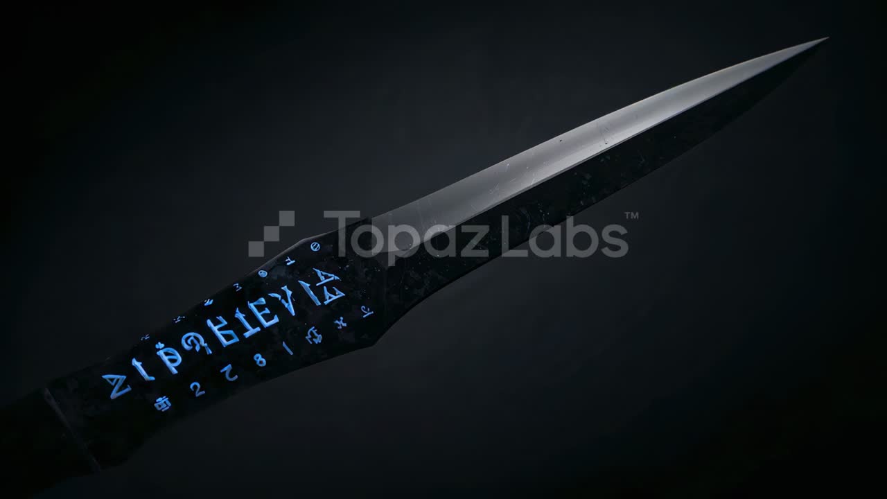 Camera revealing long dagger rotating, exposing blade tip in studio, with blue runes and Topaz Labs
