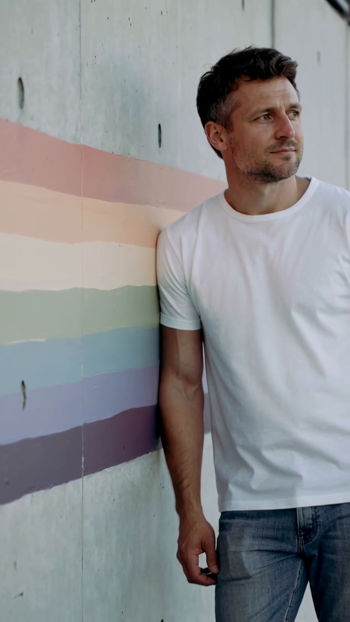 Vertical video: Shifting, man in white tee and jeans leaning on pastel mural as camera tightens