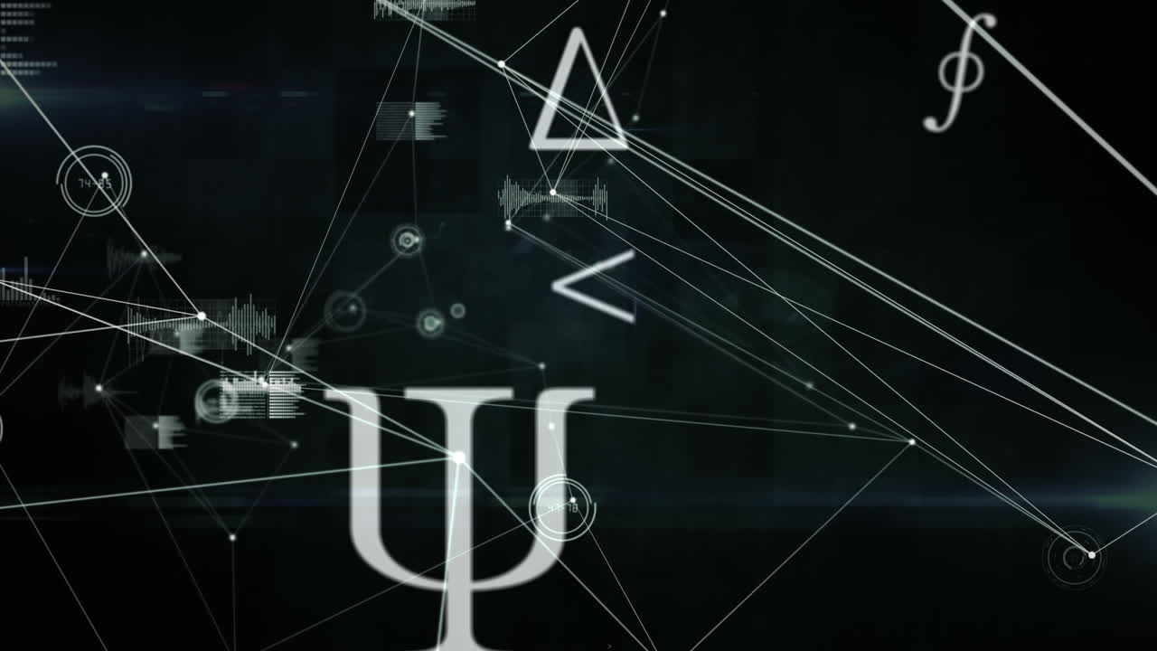 검은색 바탕에 있는 부하 막대기와 연결된 점 위에 수학적 기호의 애니메이션