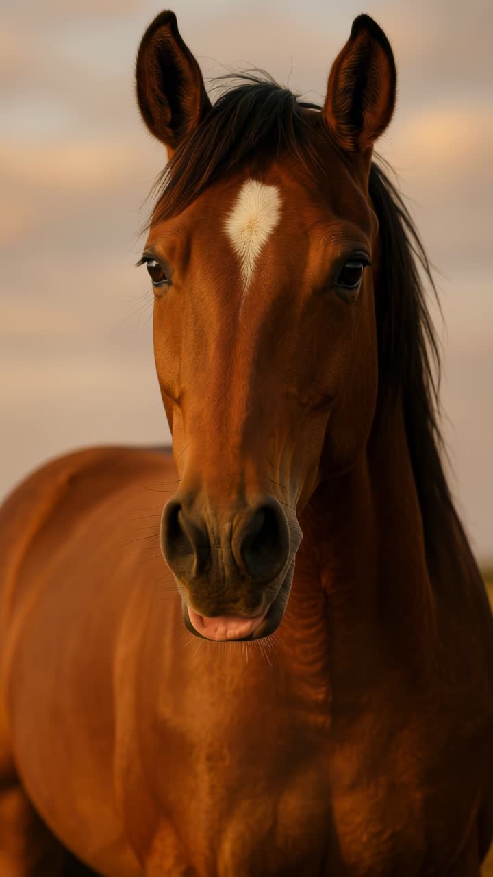 Primo piano di un cavallo marrone con uno sfondo al tramonto, ripreso all'altezza degli occhi, ideale per video.