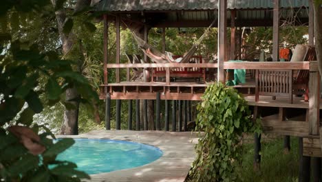 man in hammock relaxing at poolside chalet at zambezi river in zimbabwe