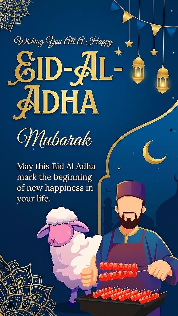 Animazione storia di auguri per l'Eid al-Adha con lanterne, luna crescente, pecora e un uomo che griglia spiedini festivi per barbecue su uno sfondo blu decorativo.