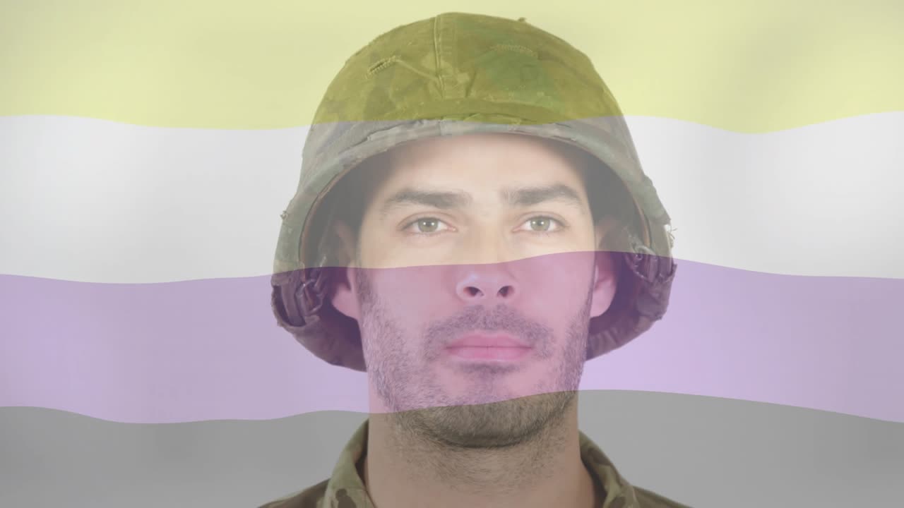 Soldier raising right arm to helmet brim saluting lowering arm on gradient backdrop