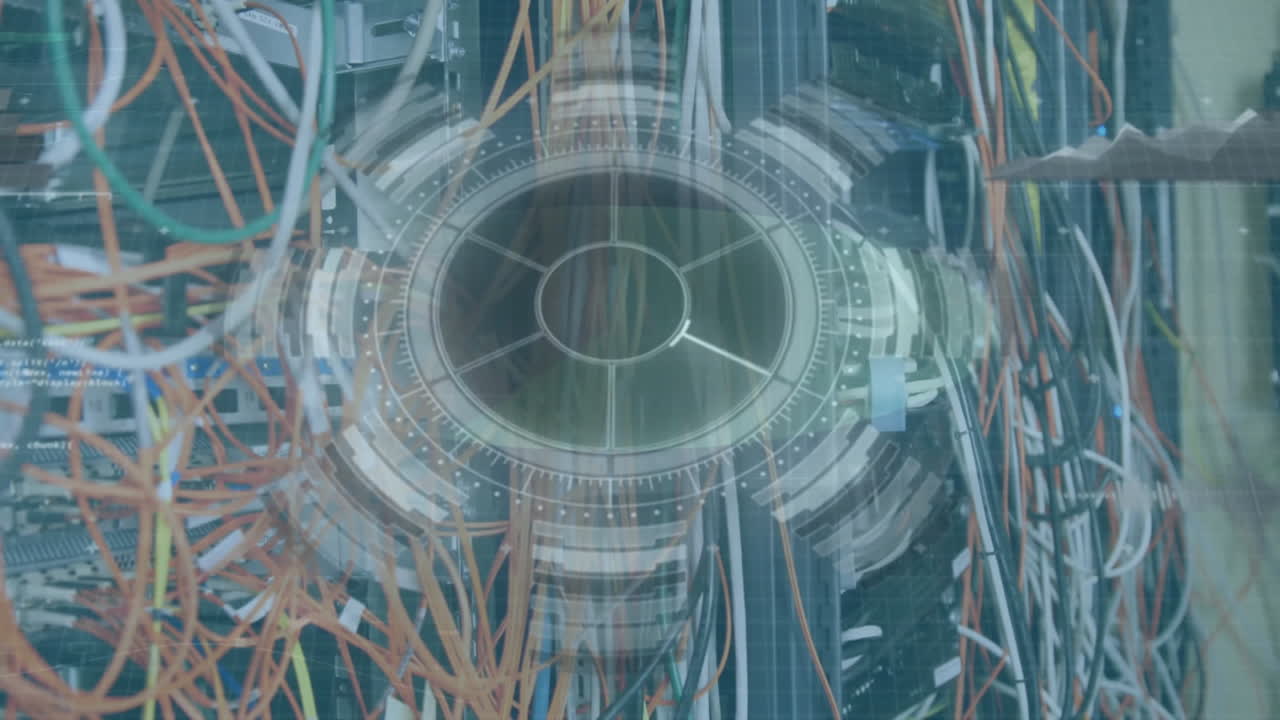 анимация сканирования и обработки данных в серверной комнате