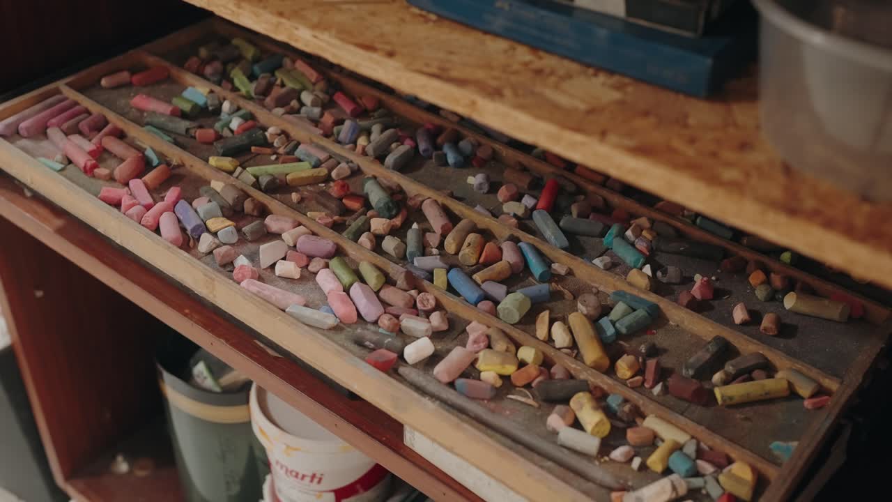 Vibrant pastel sticks scattered in wooden trays inside an art studio