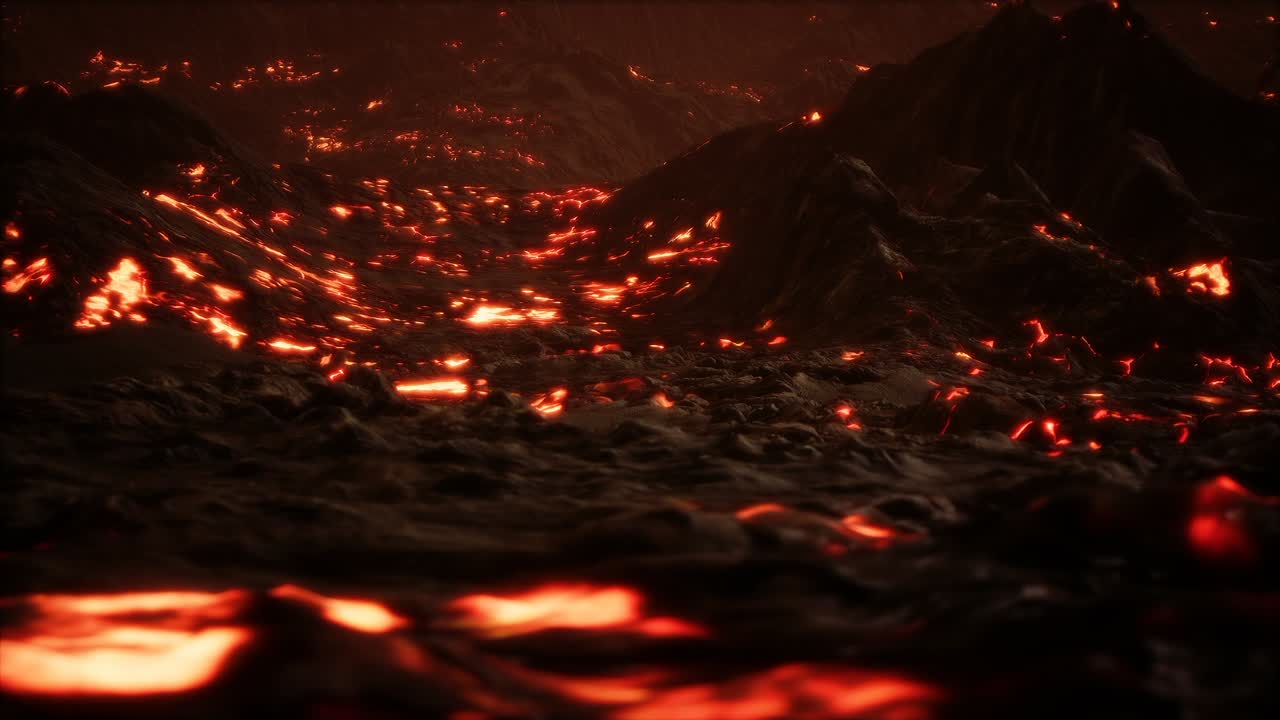 lava fundida roja y vibrante que fluye sobre un campo de lava gris y una tierra rocosa brillante
