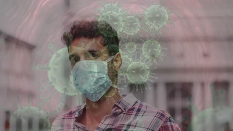 Animation-of-covid-19-cells-moving-over-man-in-face-mask