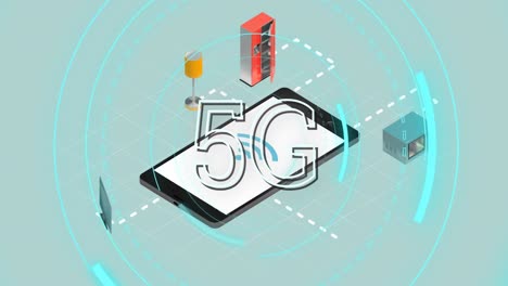 texto 5g en círculos contra el teléfono inteligente e iconos de conexiones