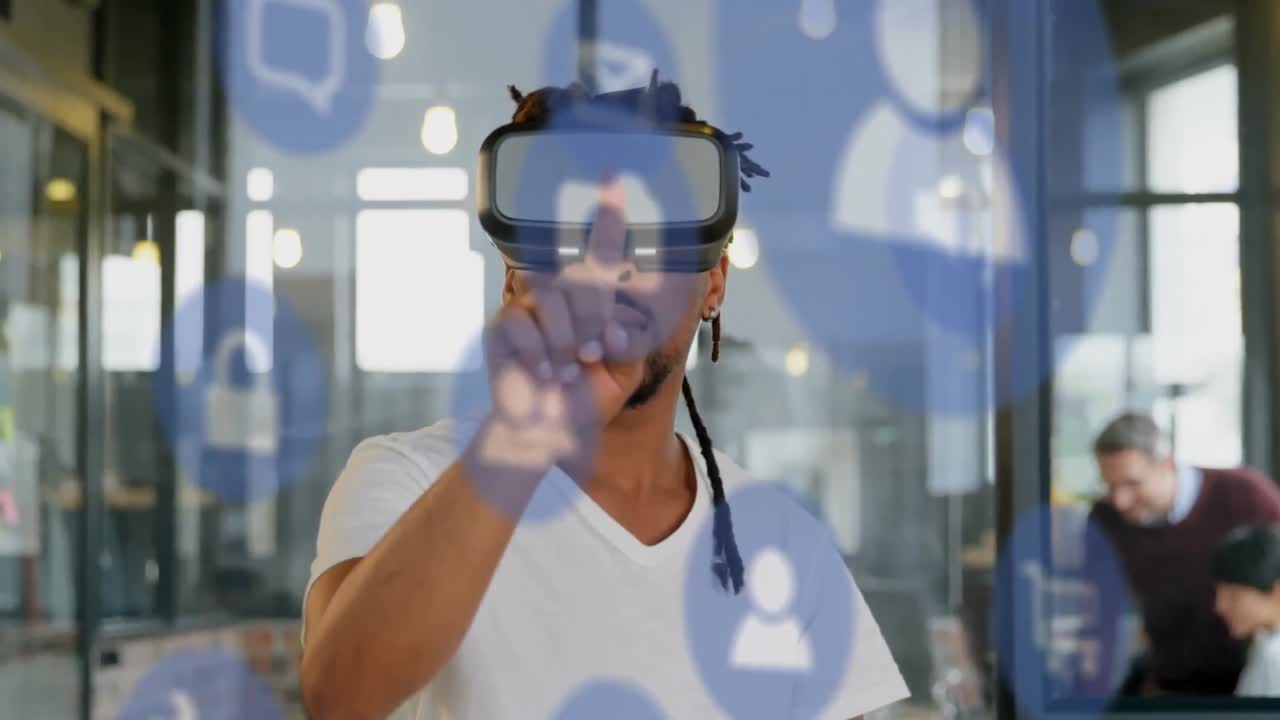 Animation of social media icons over african american man wearing vr headset