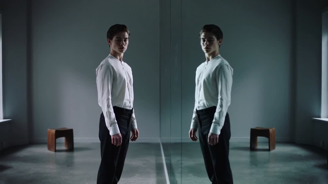 Turning man aligning with mirror seam in studio for symmetry, wearing white shirt and dark trousers