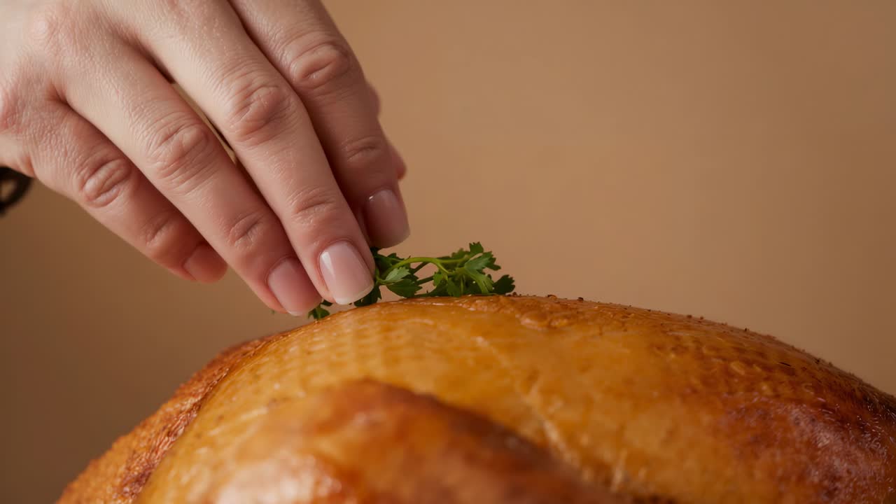 Entering manicured hand lowering parsley sprig onto roasted poultry breast at tabletop for garnish