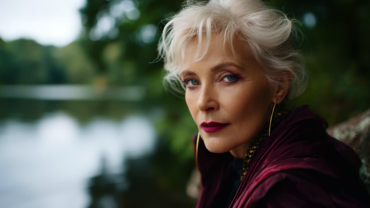 Elegante ritratto di una bella donna matura vicino a un lago sereno, che cattura grazia e sicurezza sullo sfondo di una natura illuminata da una luce naturale soffusa