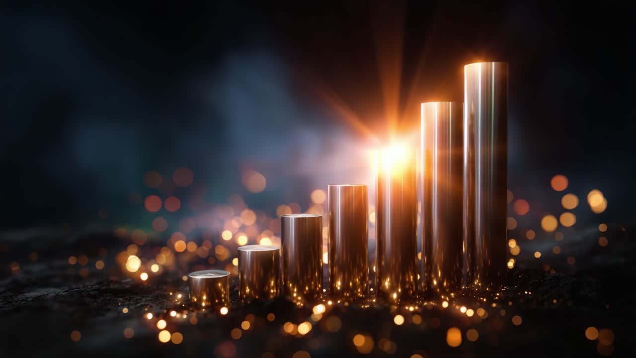 Una splendida rappresentazione grafica di statistiche in aumento con barre cilindriche luccicanti illuminate da una luce calda su uno sfondo scintillante splendidamente sfocato