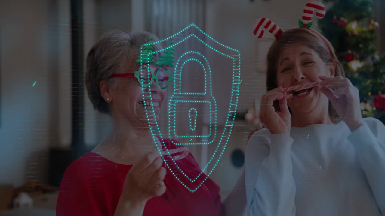 Mother and daughter making tinsel mustaches while hologram shield appearing, promoting holiday ads