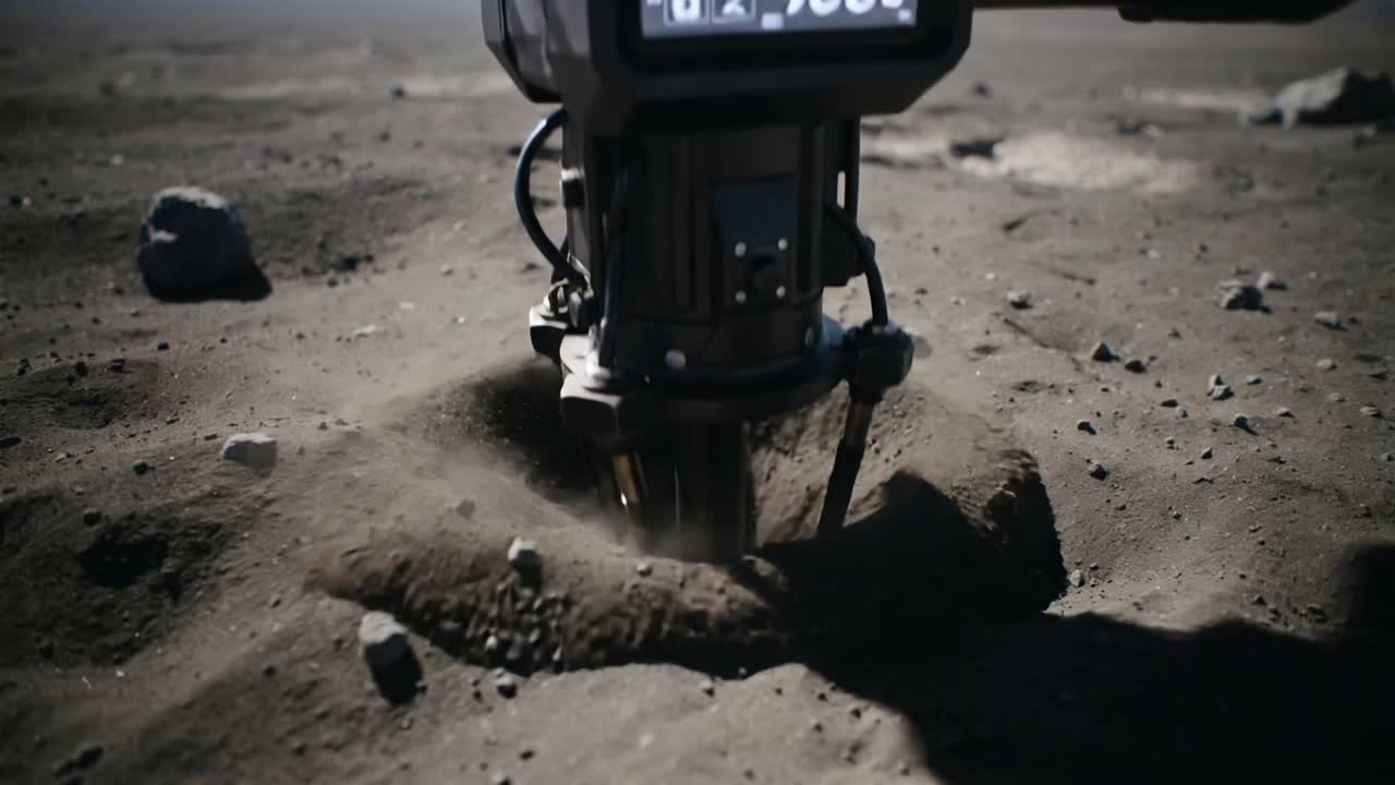 Lowering robotic probe contacting soil deploying legs rotating bit sampling regolith on dusty plain