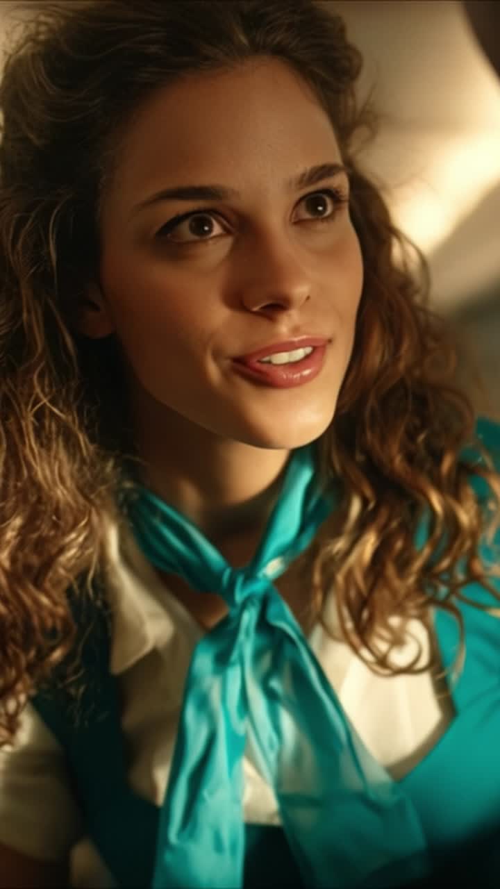 Sorrisi accattivanti: un viaggio attraverso le espressioni in luce calda e colori vivaci che mostra una giovane donna con capelli ricci e una sciarpa blu