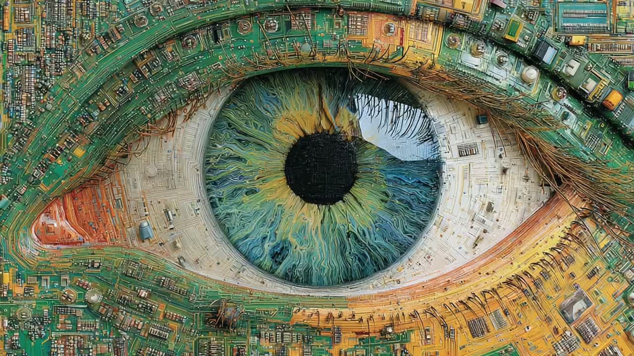 An Intricate Eye of Technology: A Fusion of Organic Beauty and Digital Complexity, Representing the Convergence of Nature and Innovation in a Captivating Visual Experience