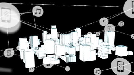 animation of network of connections with icons over 3d architectural drawing of city in background