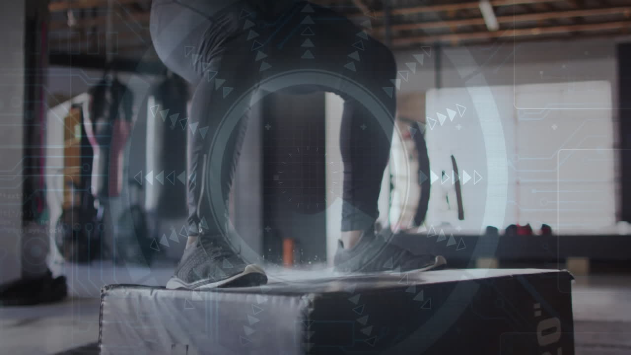 Jumping onto box, person interacting with digital interface animation overlay