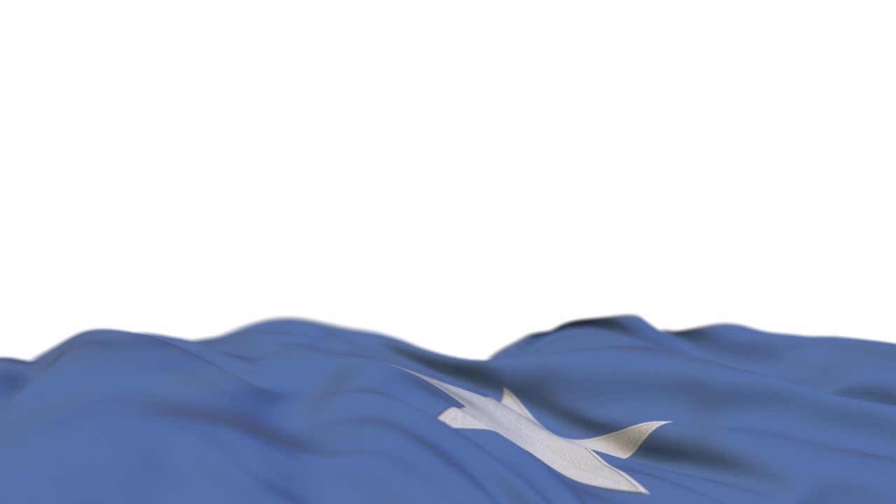 флаг сомали, развевающийся на ветряной петле. сомалийская вышивка, вышитая тканью, банер, качающийся на ветре. полузаполненный белый фон. место для текста. 20-секундная петля.