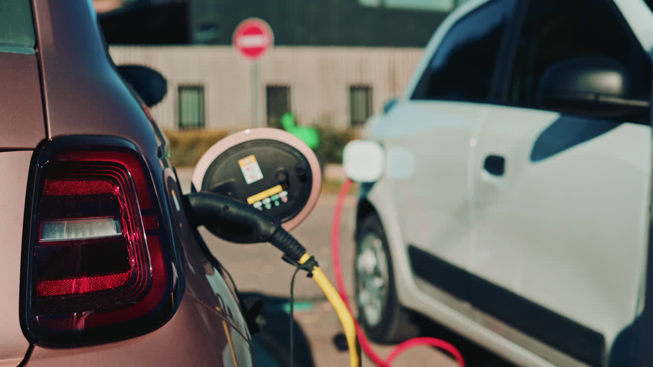 Close up view of an electric vehicle plugged into a charging station
