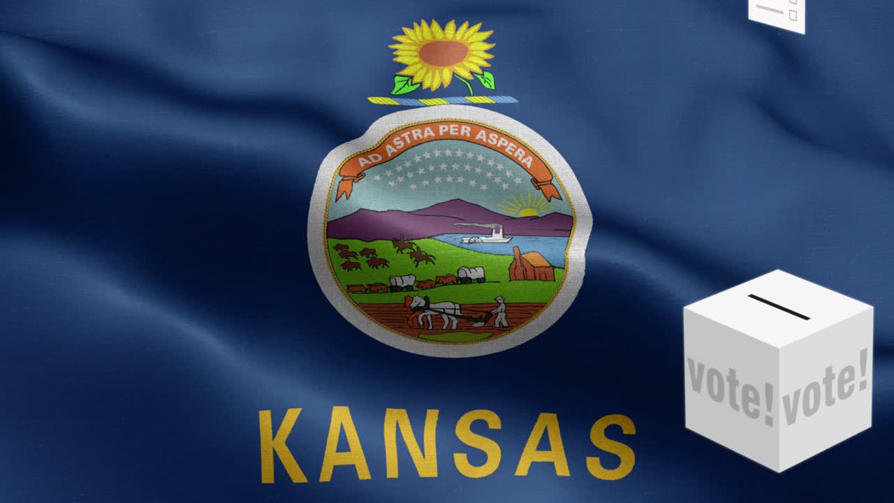 State of Kansas - Ballots fly to box for Kansas selection - Ballot box in front of flag - Election - Vote - National flag Kansas State wave Pattern loopable Elements - Fabric texture and endless loop - Kansas State Loopable Flag - America state flags