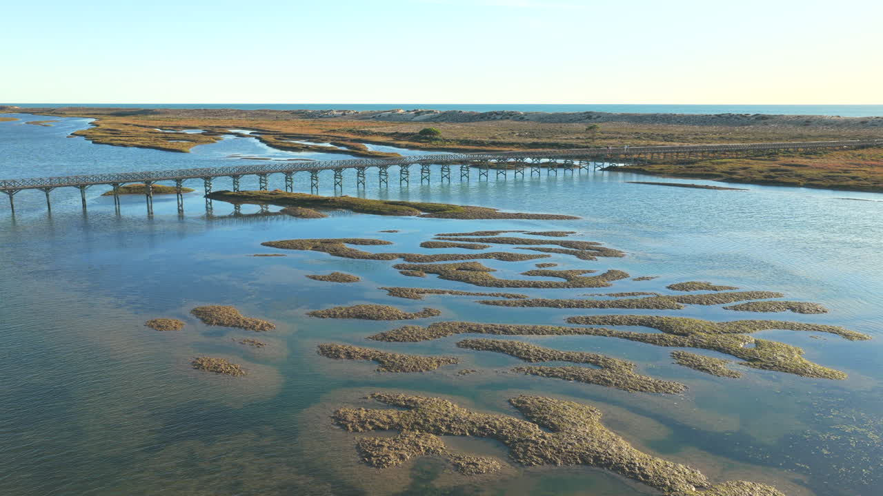 Aerial view of bridge over Ria Formosa lagoon in Quinta do Lago
