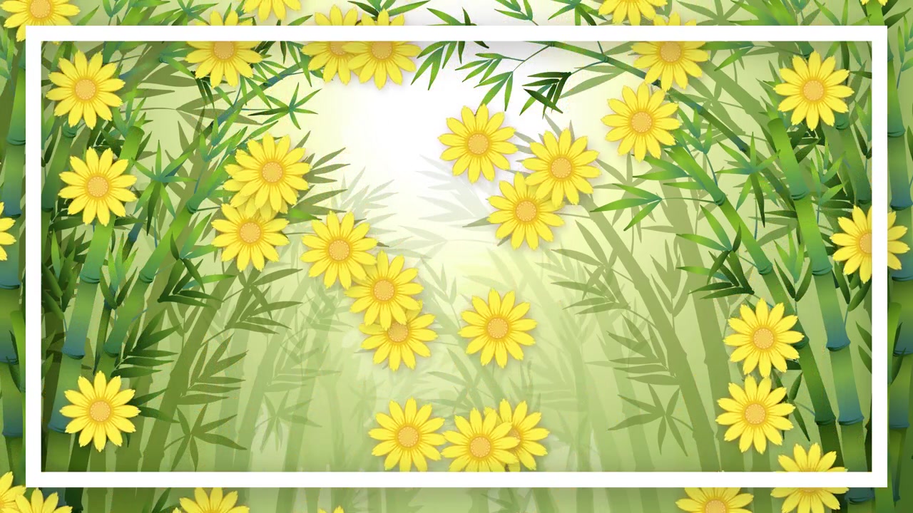 Yellow blossoms drift downward through stylized green bamboo stalks with soft bright lighting.