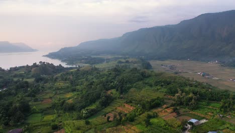 toma aérea sobrevolando plantaciones y campos debajo de grandes colinas en la isla samosir en el lago toba en el norte de sumatra, indonesia