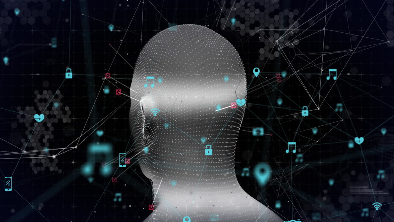 Animation of human face rotating and connected icons forming globe over black background