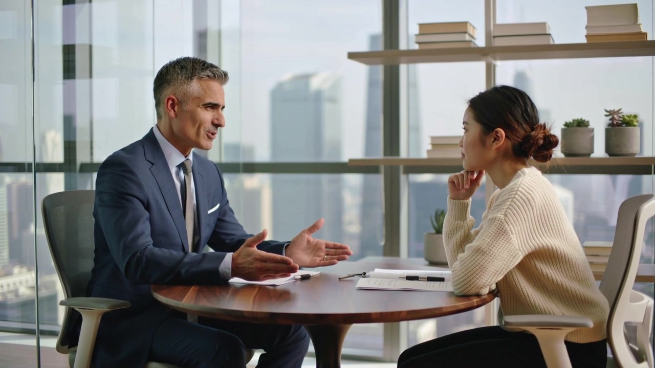 Leaning forward man in suit gesturing and speaking during office interview with papers on table