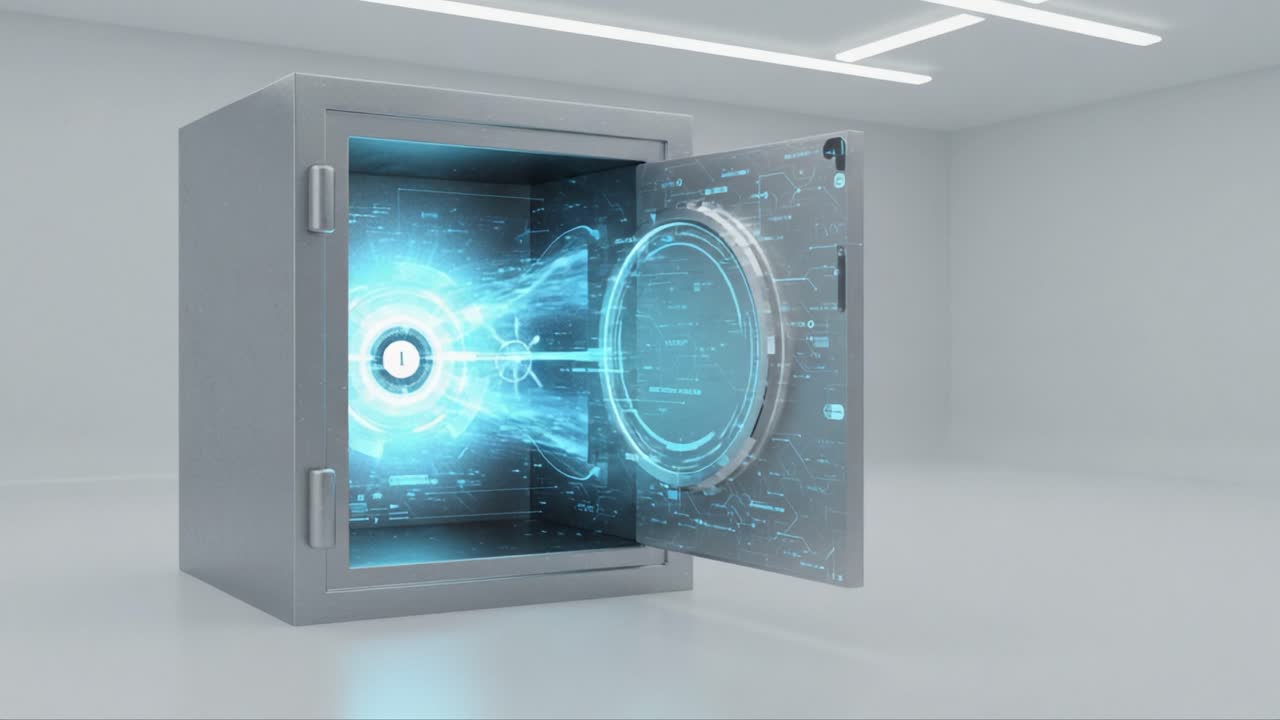 Cassaforte futuristica con un flusso di energia olografica che si proietta dalla sua porta aperta, a simboleggiare tecnologie di sicurezza avanzate e innovazioni di design moderno