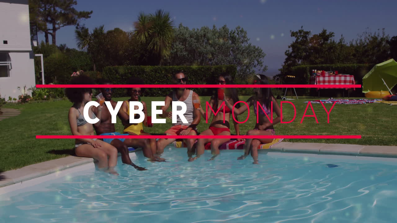 People relaxing by pool with Cyber Monday text animation overlay
