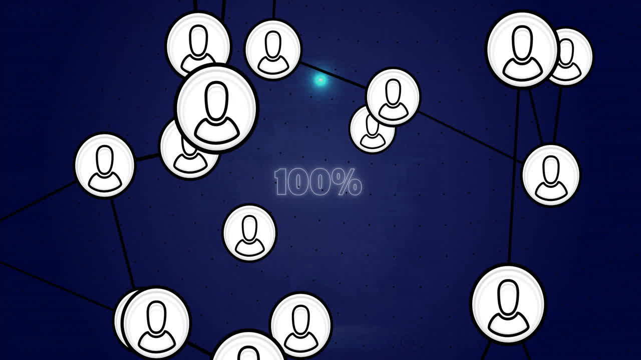 iconos de usuario conectados por líneas más del 100% de finalización animación en fondo oscuro