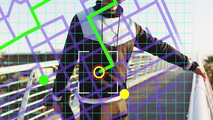 Animation of map over african american man stretching