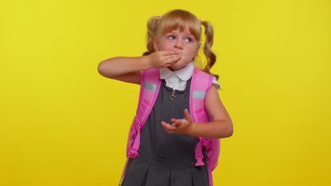 Frightened-school-girl-closing-her-mouth-with-hand,-looking-intimidated-scared-at-camera-gestures-no