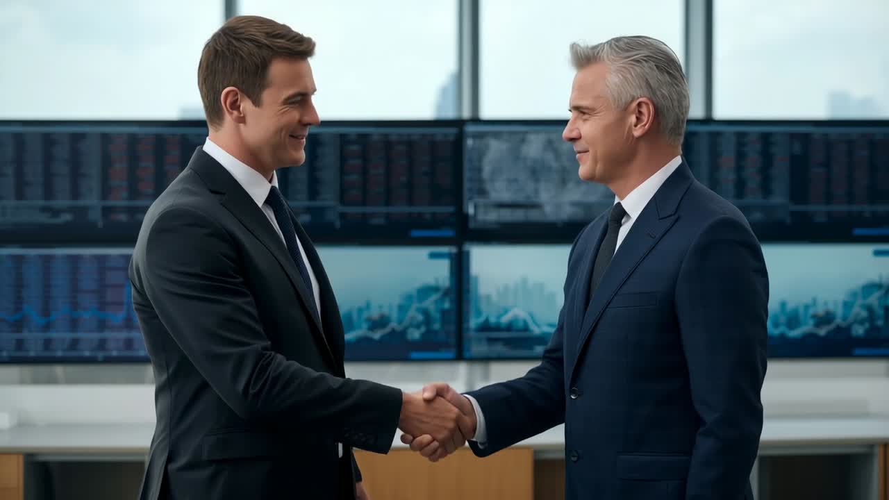 Younger man in suit extending hand, sealing deal with handshake in office, with financial charts