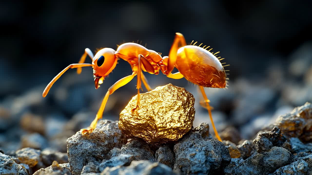 Ant with shiny object in sun. A close view of an ant moving a metallic-like rock along a rough surface under bright sunlight in a natural setting