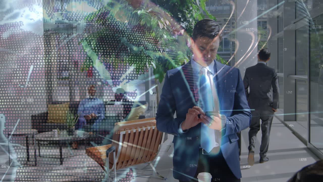 스마트 폰을 사용하는 코카시안 사업가에 대한 전 세계 및 연결의 애니메이션