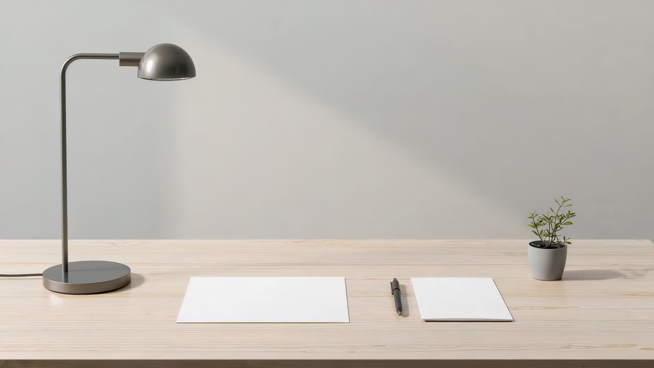 Schwenken des drehbaren Schreibtischlampenkopfs über eine graue Wand über Papieren und einer Pflanze auf einem Holzschreibtisch