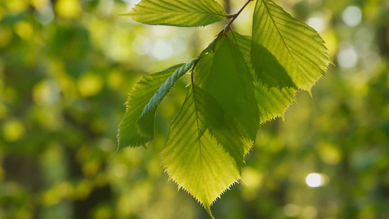 Close-up video of sunlit green leaves, shot from a low angle, capturing nature's serenity