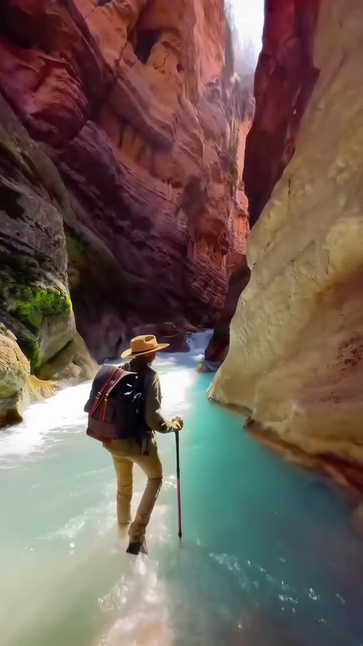 Viajero en un cañón, toma de gran angular. Concepto de video de aventura con tonos vibrantes y naturales