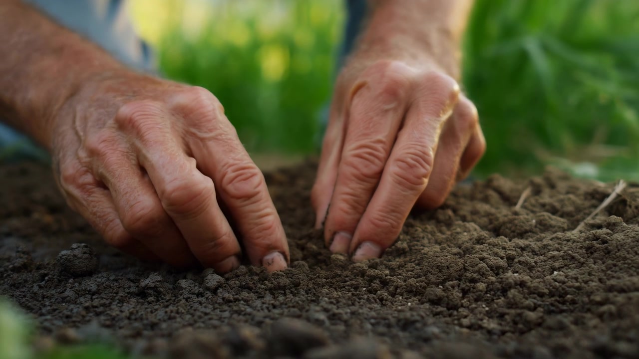 Close-up of adult hands gently placing a small seedling into dark fertile soil outdoors, with a blurred green background and calm natural light