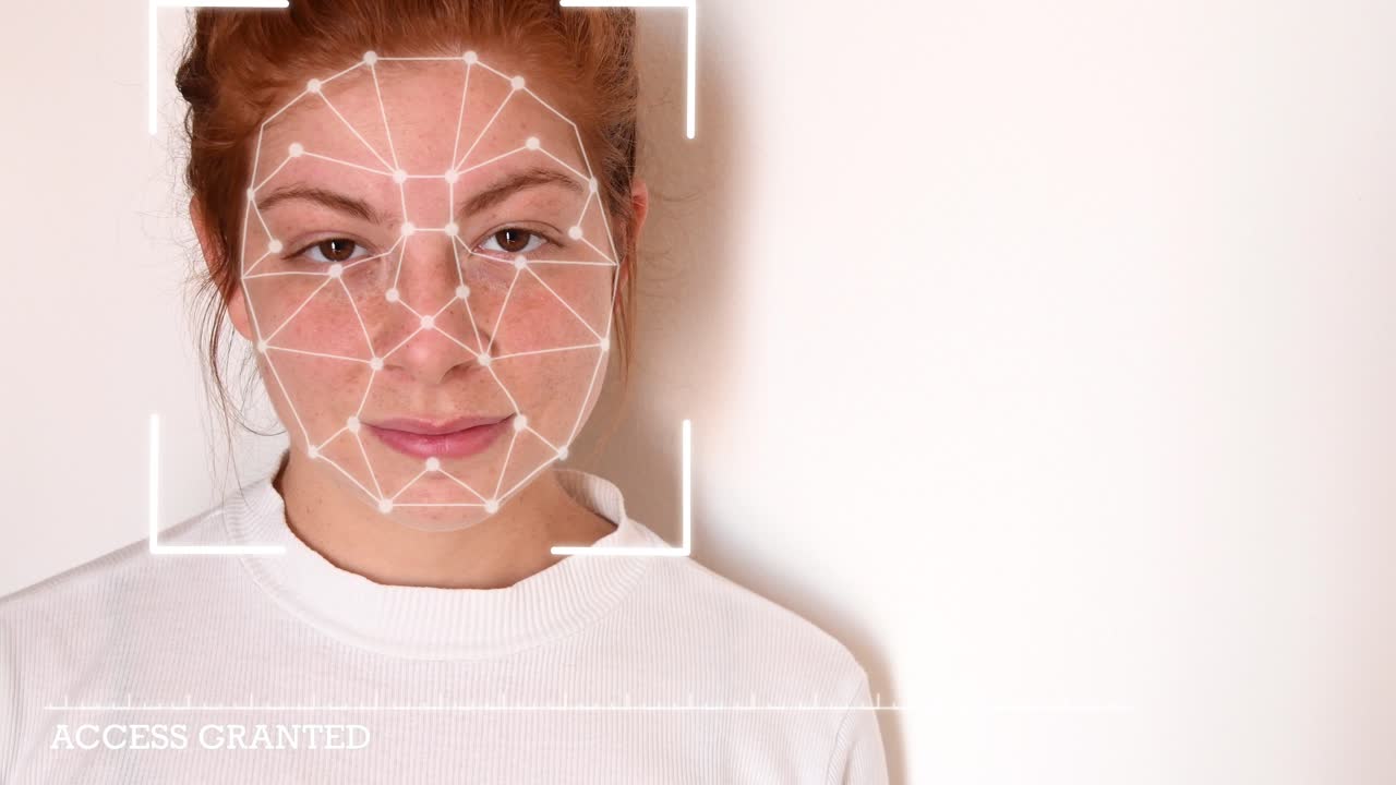 Close up of a young woman with red hair, with a white shirt on a white background, with facial recognition high tech animation with tracking points and a glow effect on her face, with "access granted