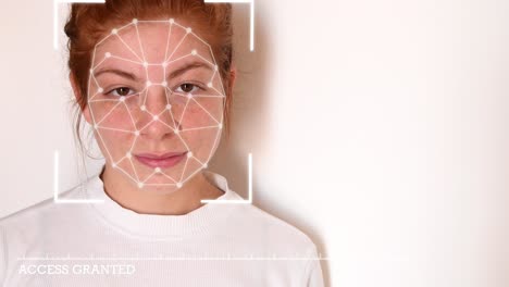 close up of a young woman with red hair, with a white shirt on a white background, with facial recognition high tech animation with tracking points and a glow effect on her face, with "access granted