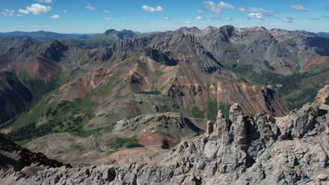 aerial view of san juan national forest and mountain range, peaks and valleys on sunny day, colorado usa